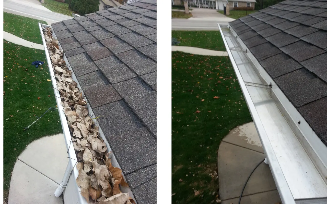 Before and after professional gutter cleaning on a home